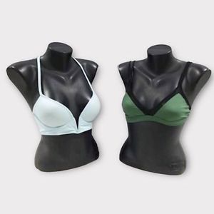Victorias Secret Womens Set of 2 Bikini Swim Tops Blue Green Plunge Halter M